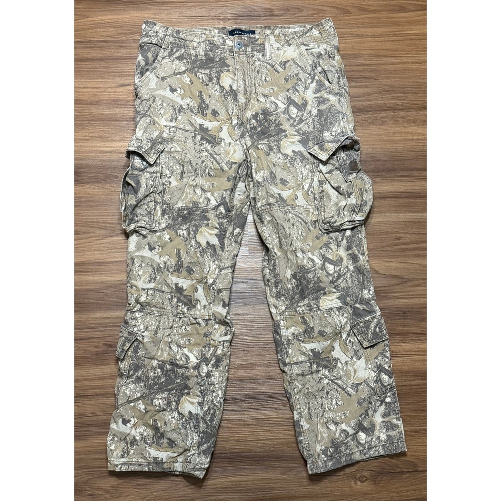 Aeropostale Mens Baggy Cargo Pants Camo Leaf Print Brown Tan Size L 34x29